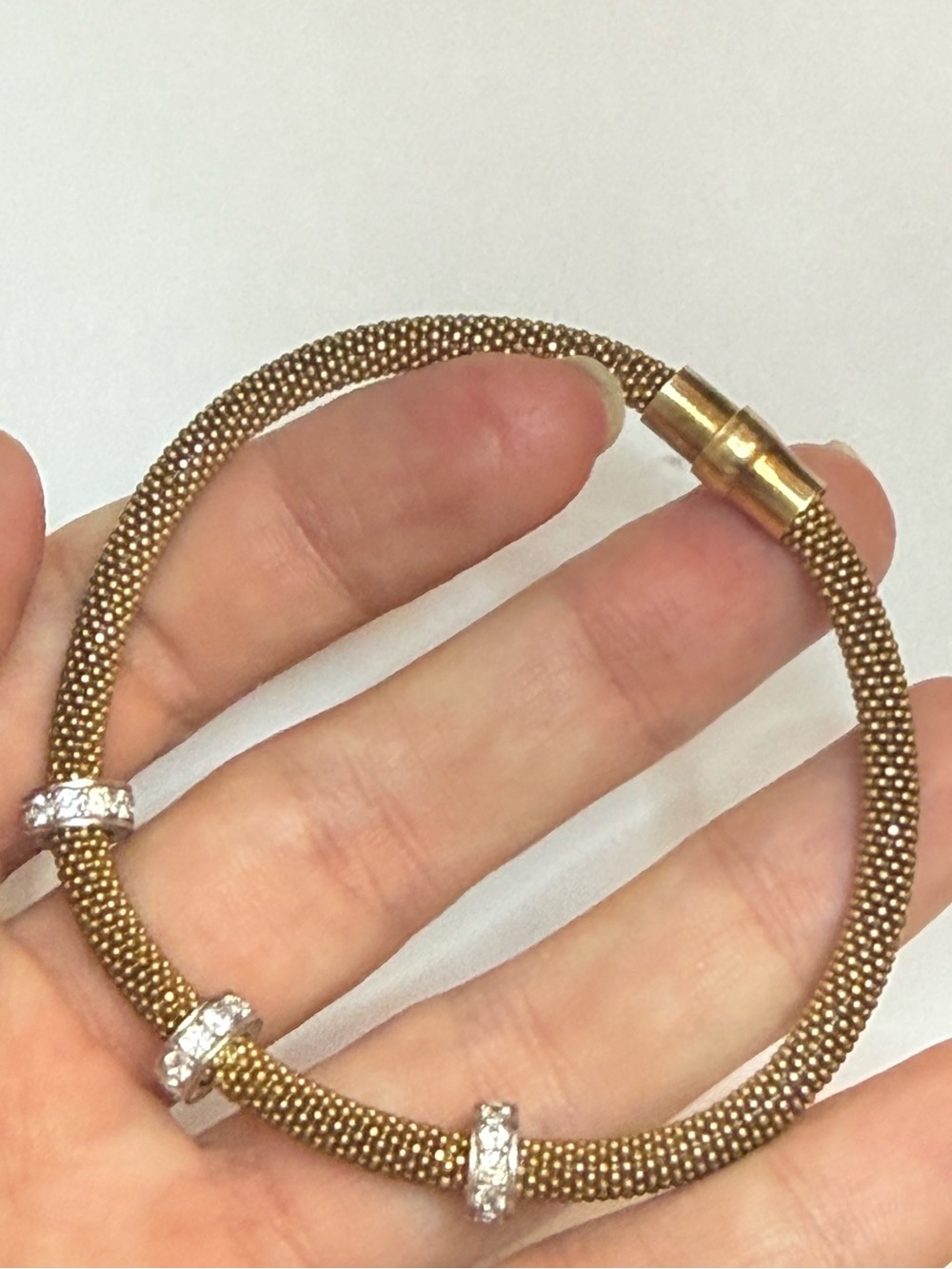 Gold-Tone Mesh Bracelet with Crystal Spacer Rings